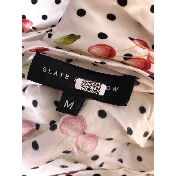 Slate and Willow Top Cherry Print Short Sleeve Silk Blend Off White M - Picture 4 of 7